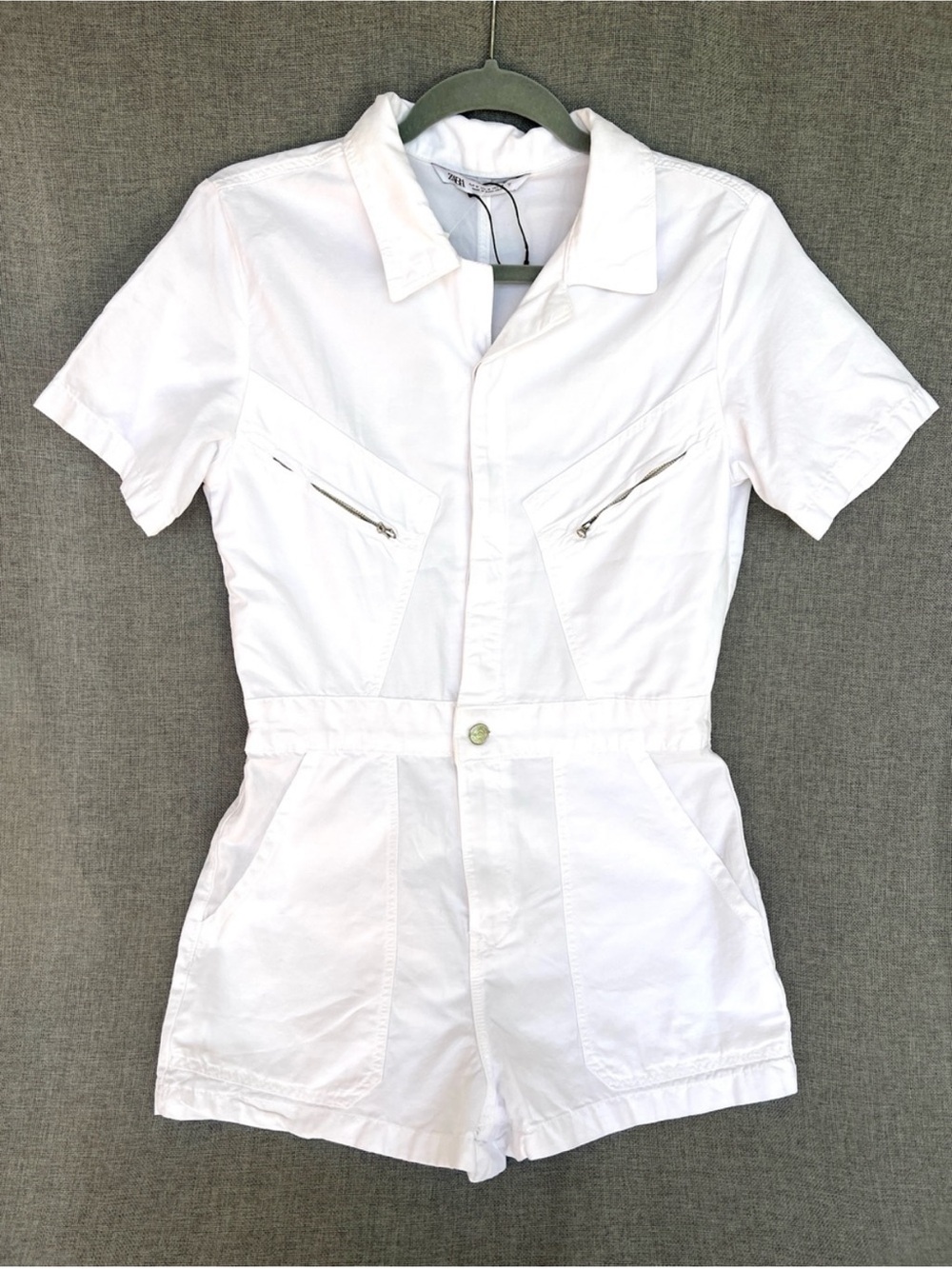 Zara White Short-Sleeve Zip-Pocket Romper
